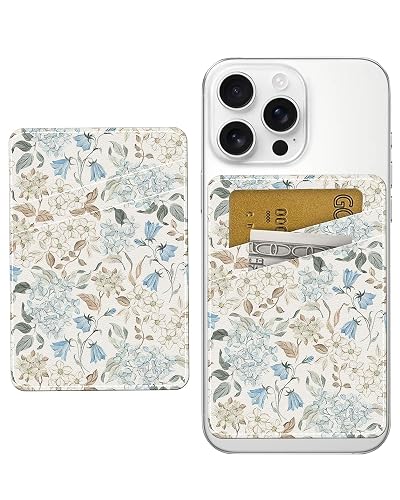 AWHSCP Cute Leather Phone Wallet Stick On, Dual Pocket Credit Card Sticky Wallet, Compatible with Most Cell Phones, Watercolor Flowers