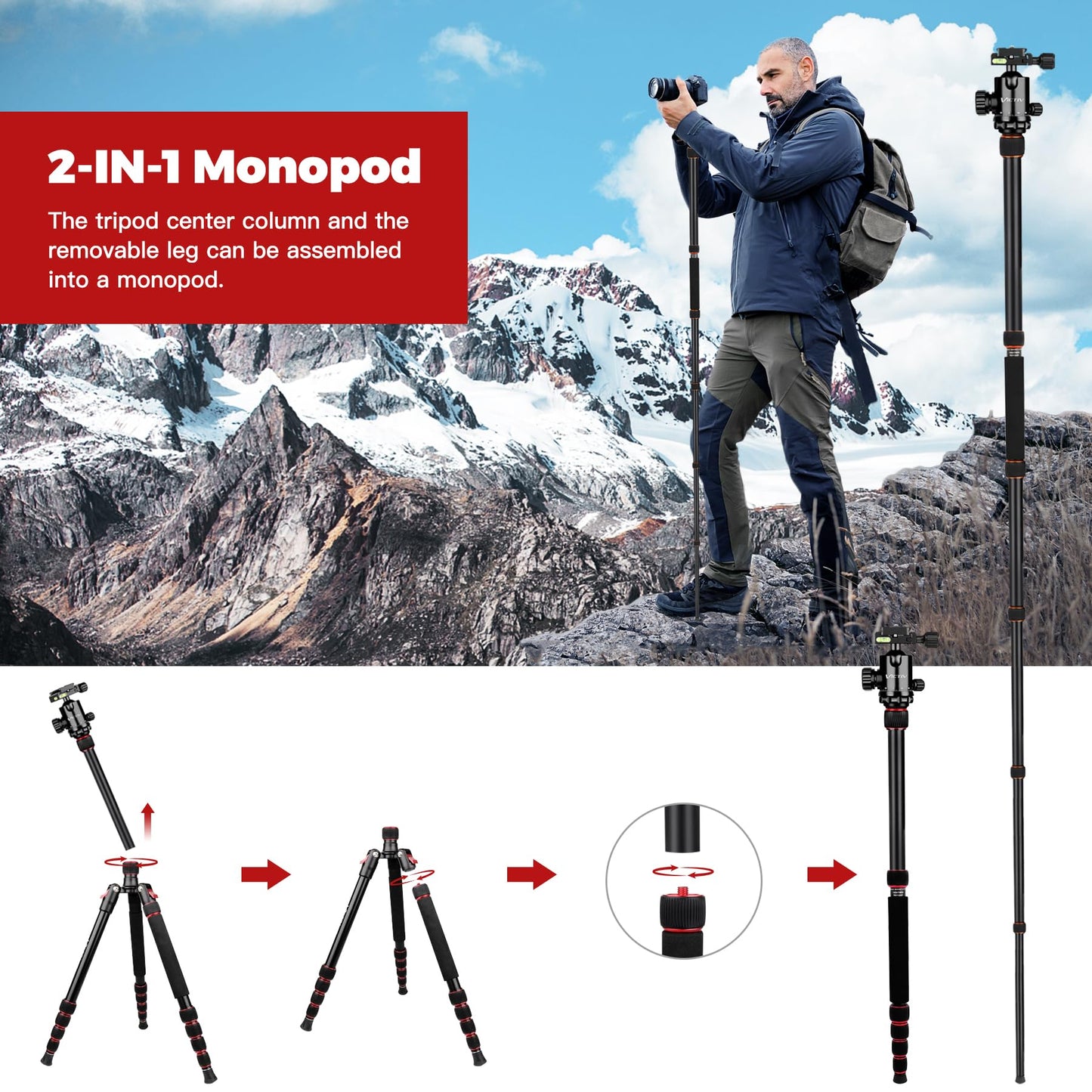 Camera Tripod, 80" Aluminum Heavy Duty Camera Tripod Stand with 360° Ball Head, Phone Holder & Carry Bag, Professional Camera Tripods & Monopods