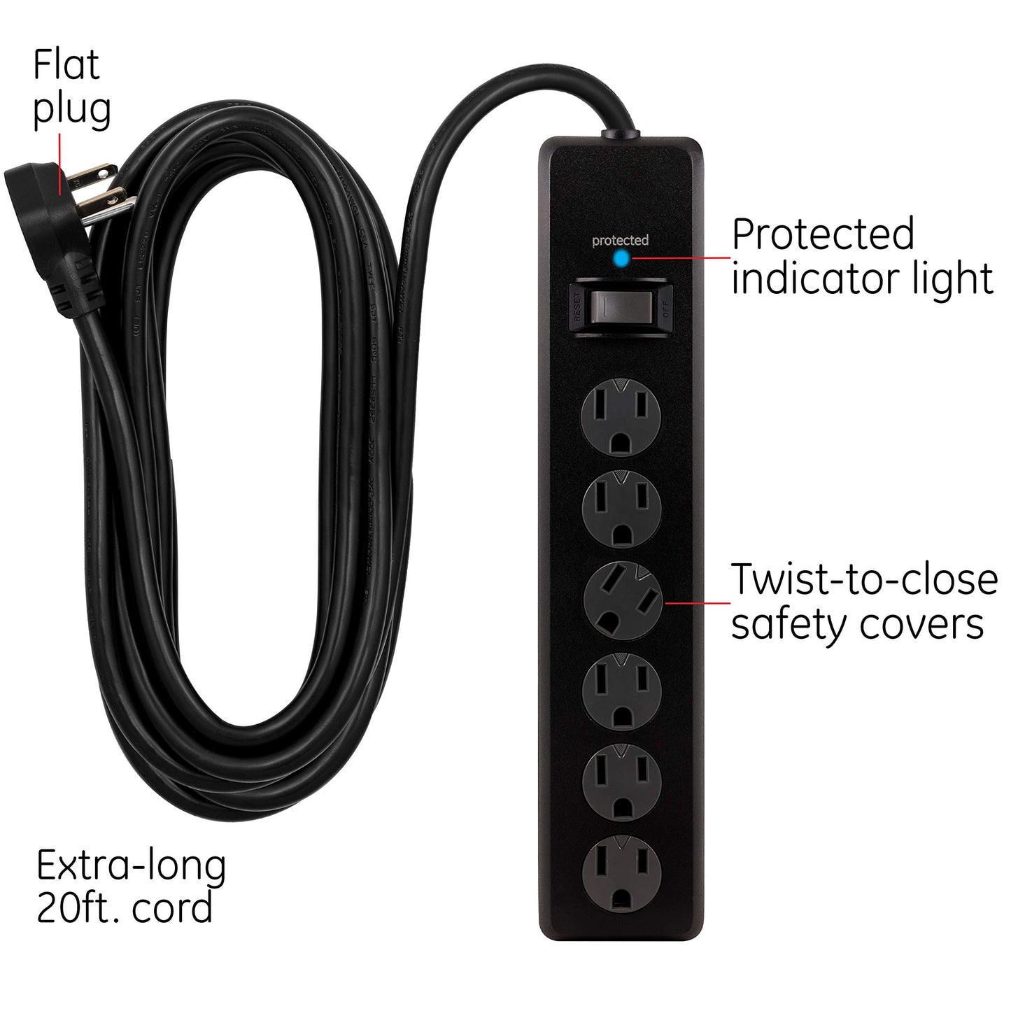 GE 6-Outlet Surge Protector, 20 Ft Extension Cord, Power Strip, 800 Joules, Flat Plug, Twist-to-Close Safety Covers, Protected Indicator Light, UL