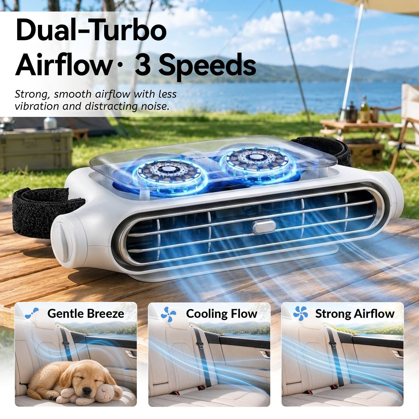 Car Fans for Backseat for Kids & Pets, Rechargeable Car Seat Fan, White