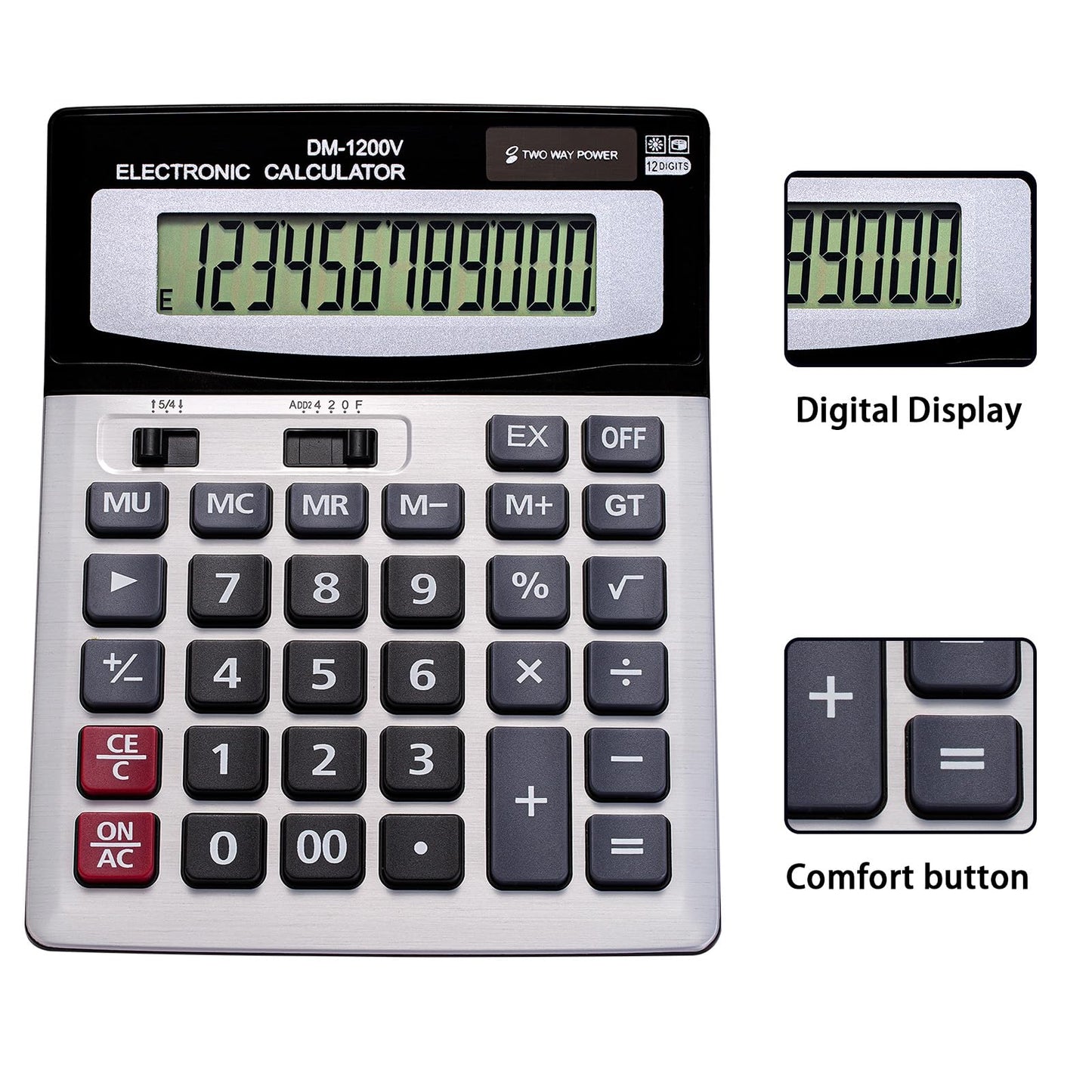 YEBMoo 12 Digit Desktop Calculator with Large LCD Display and Sensitive Button, Dual Solar Power and Battery, Standard Function for Office (YE1200v)