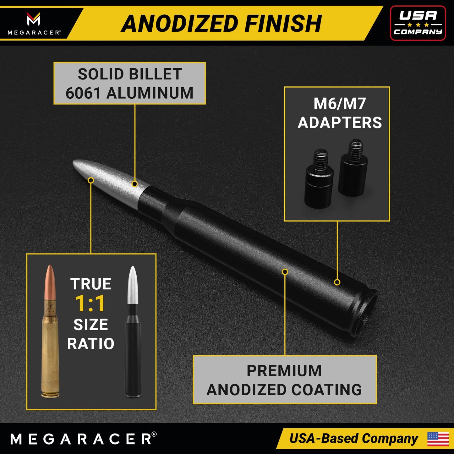 Anodized Silver Black 50 Cal Bullet Antenna for Chevy Silverado & GMC Sierra 1500 2500 (1999-2026) - Rugged Billet Aluminum, UV & Chip-Resistant, Car