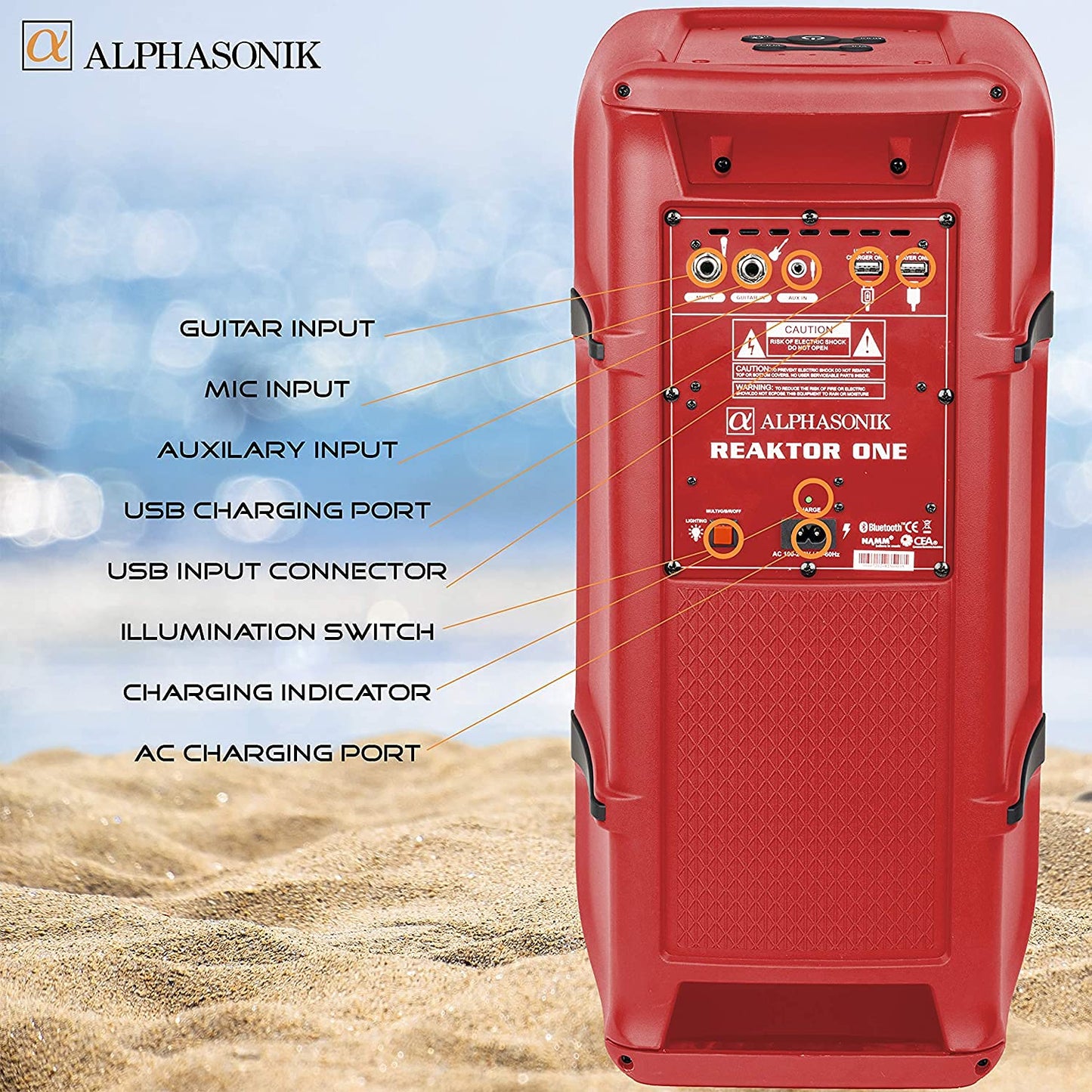 Alphasonik Reaktor One Portable Party Speaker Box High Power Alpha Bass Technology Wireless Bluetooth Mic and Guitar Inputs Phone Charger USB Player