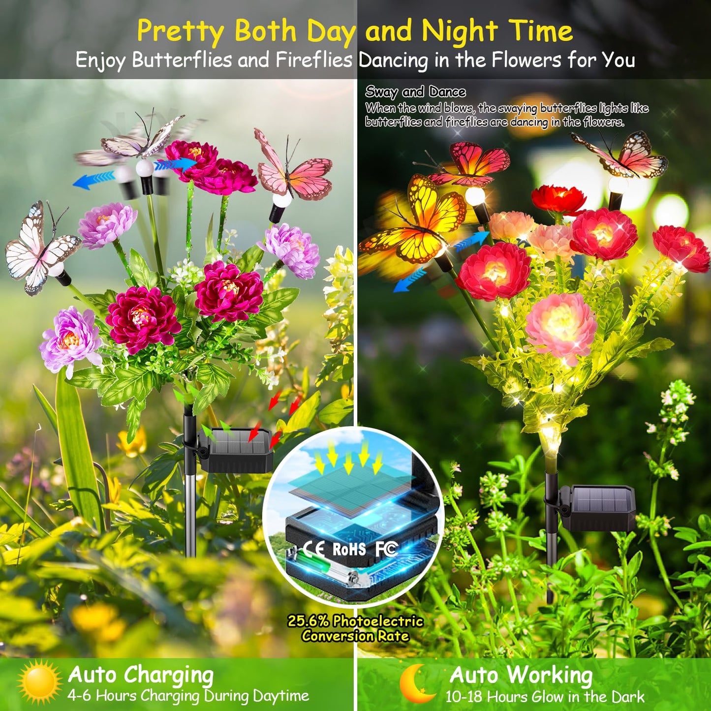GARPAR Solar Garden Lights, 6 Pack Swaying Solar Lights with 18 Butterflies & 42 Blooming Flowers, Solar Flowers Lights Outdoor Waterproof, Solar