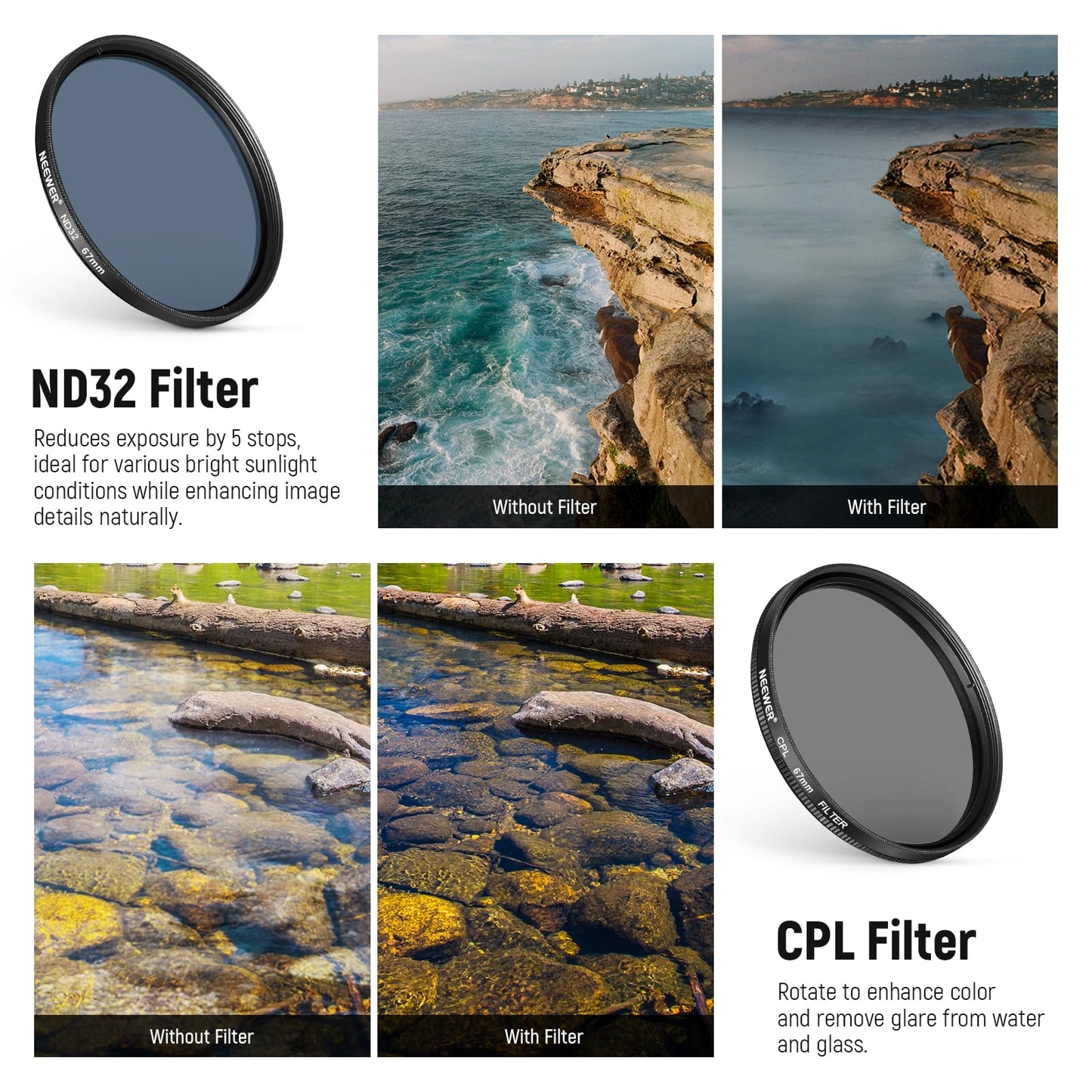 NEEWER 67mm 7 Pack ND Filter Set Compatible with Android Samsung Google Huawei Xiaomi Phone, Clip On CPL+ ND32 + Starlight + GND