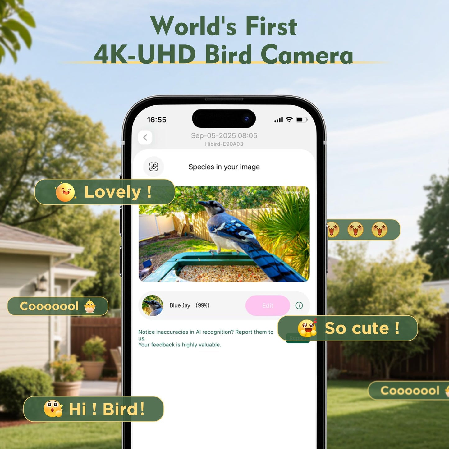 Hibird 4K HD Smart Bird Feeder with Camera Solar Powered, 2.4GHz/5GHz Dual WiFi Auto Capture Bird Video, Real-time Notifications & Live Streaming, AI