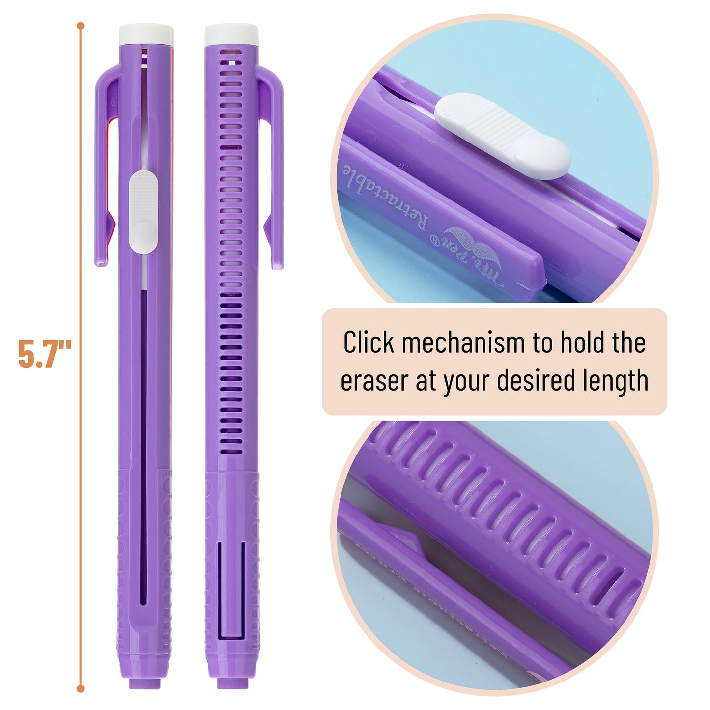 Mr. Pen- Retractable Mechanical Eraser Pens, 6 Pack, Vibrant Colors | Latex-Free Precision Pencil Erasers for Artists, Students, Drawing, Sketching