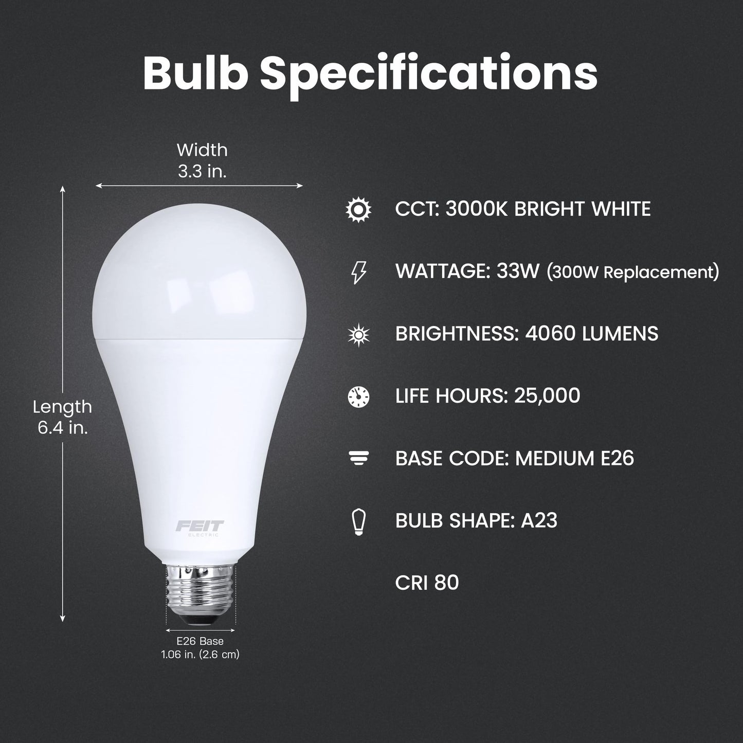 Feit Electric A23 LED Light Bulb, 300W Eq, Bright White