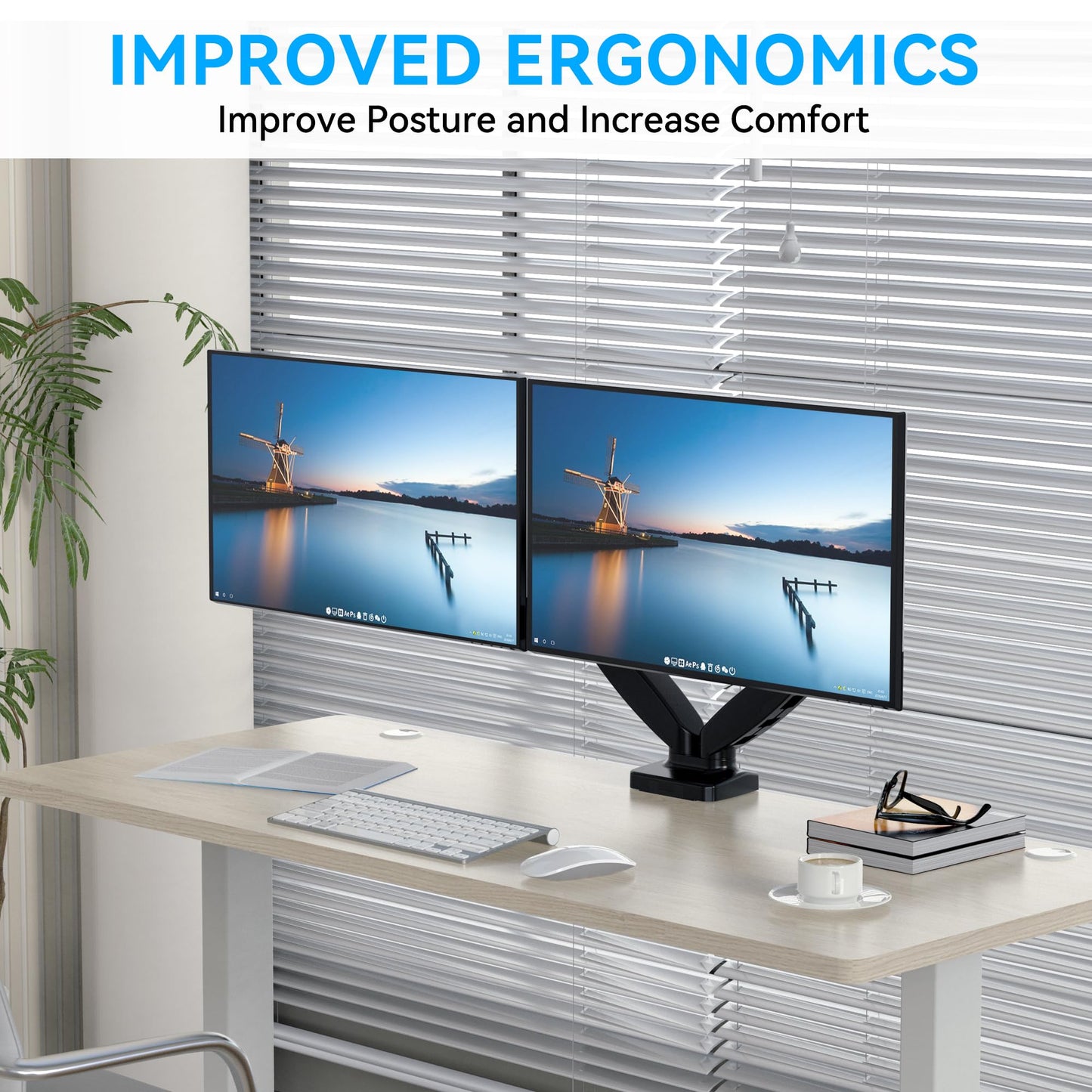 Rosewill Dual Monitor Mount, 15 to 32 Inch, 4.4 to 19.8lbs per Screen, Adjustable Gas Spring Monitor Arm with Cable Management, Clamp & Grommet Base