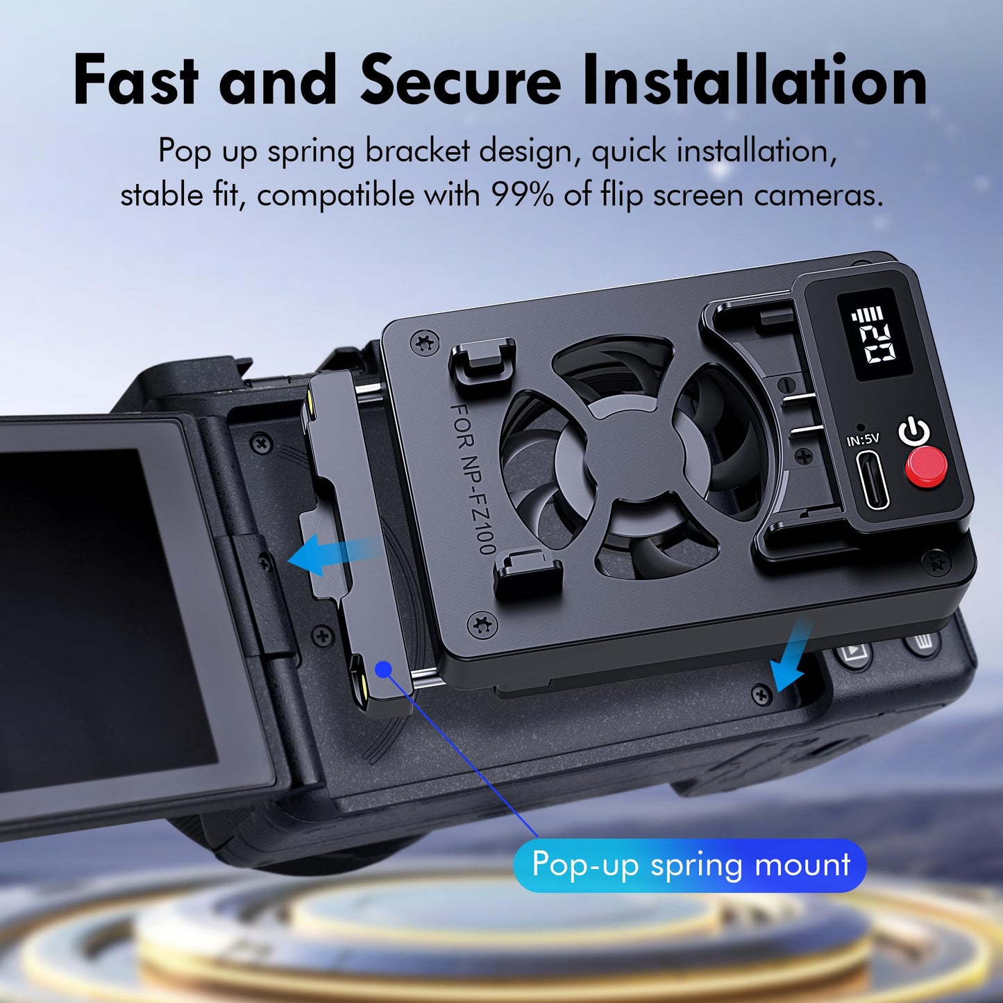 KOCACKOO Camera Cooling Fan/ 5-Speed Adjustable External Cooling System,With Spring Mount,Built-in Battery & Expandable NP-FZ100 Battery Port,Digital