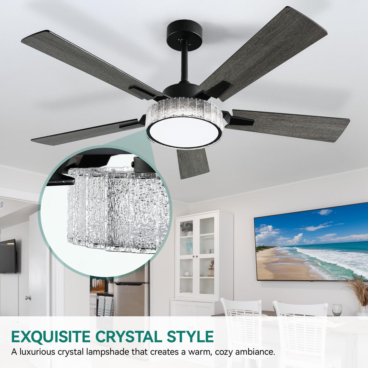 YITAHOME 52 Inch Black Chandelier Ceiling Fan with Lights