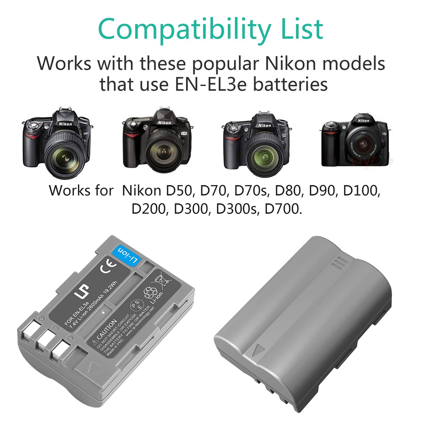 LP EN-EL3e Battery Charger Pack, Replacement for Nikon EN EL3e, EL3, EL3a, MH-18, MH-18a, MH-19, Compatible with Nikon D700, D300s, D300, D200, D100