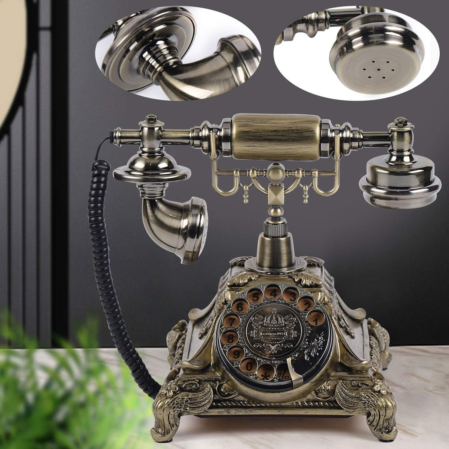CNCEST Retro Vintage Telephone, Resin Imitation Copper Vintage Style Rotary Retro European Antique Handset Rotary Dial Phone Home and Office Telephone