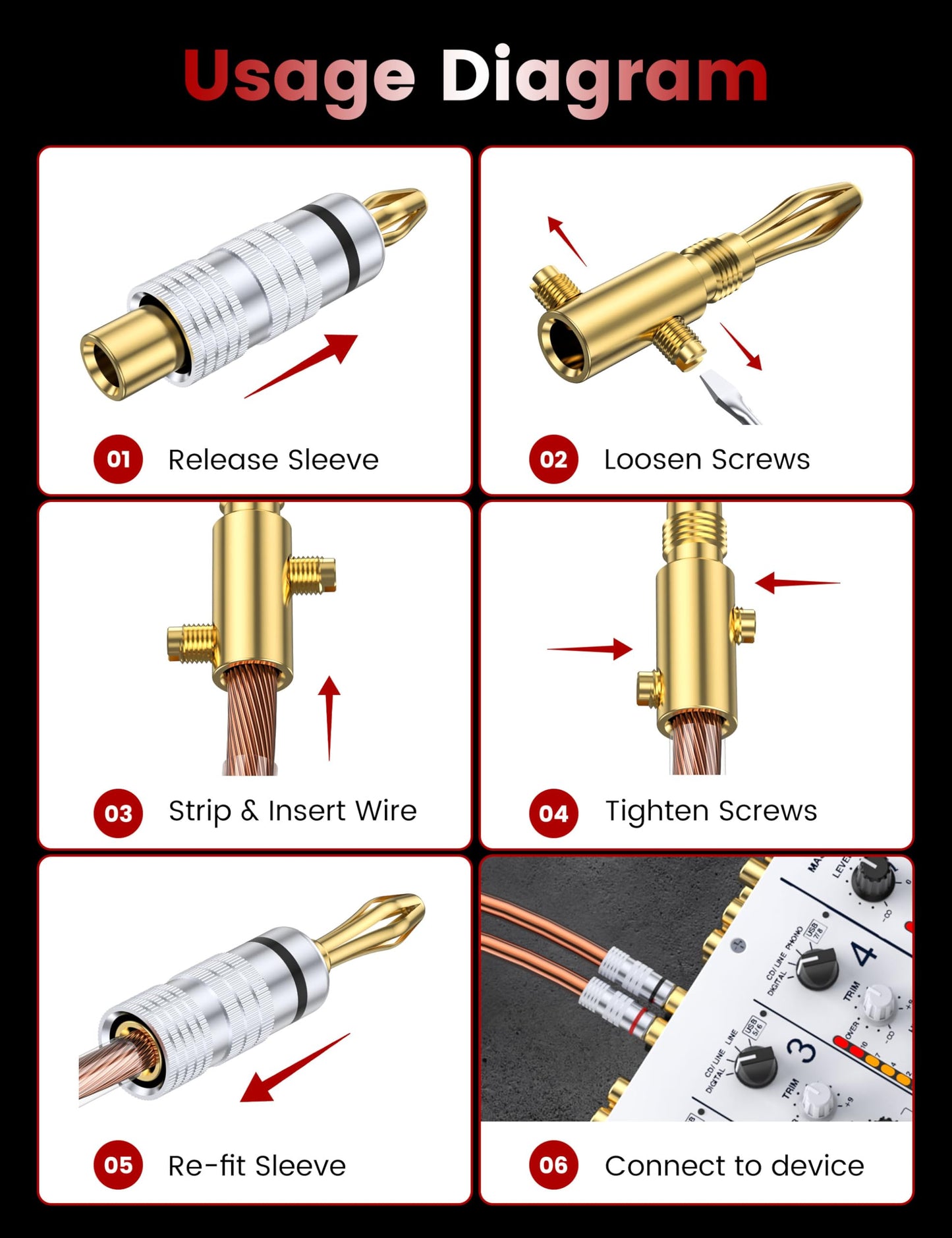 MOSWAG Banana Plugs for Speaker Wire (4 Pairs/8 pcs), Brass Speaker Connectors with Dual Set Screws, Black and Red Shell Banana Plugs for Home