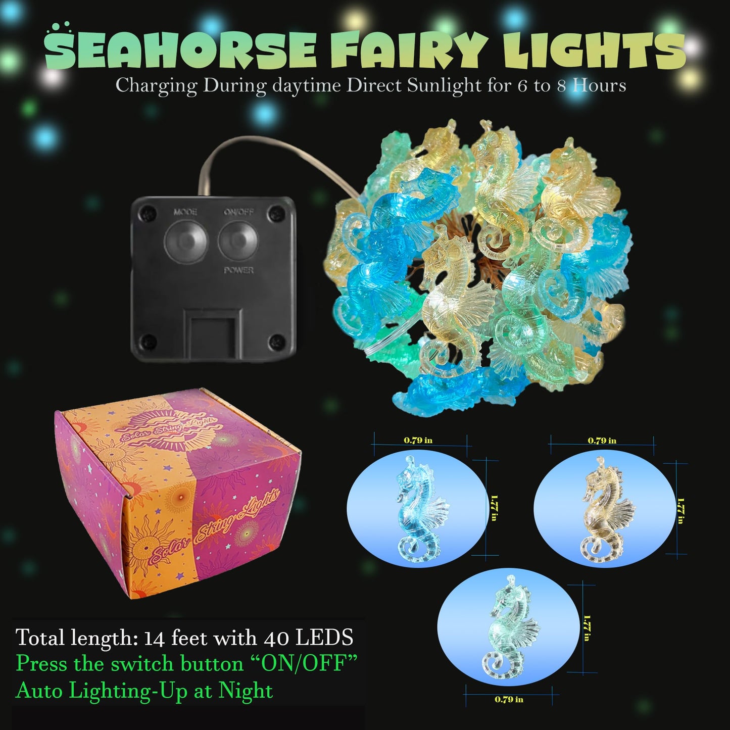 Solar String Lights Seahorse Outdoor Decorative Fairy Solar Light for Outside Garden Decor Waterproof Ocean Nautical Sea life Ocean Balcony Patio