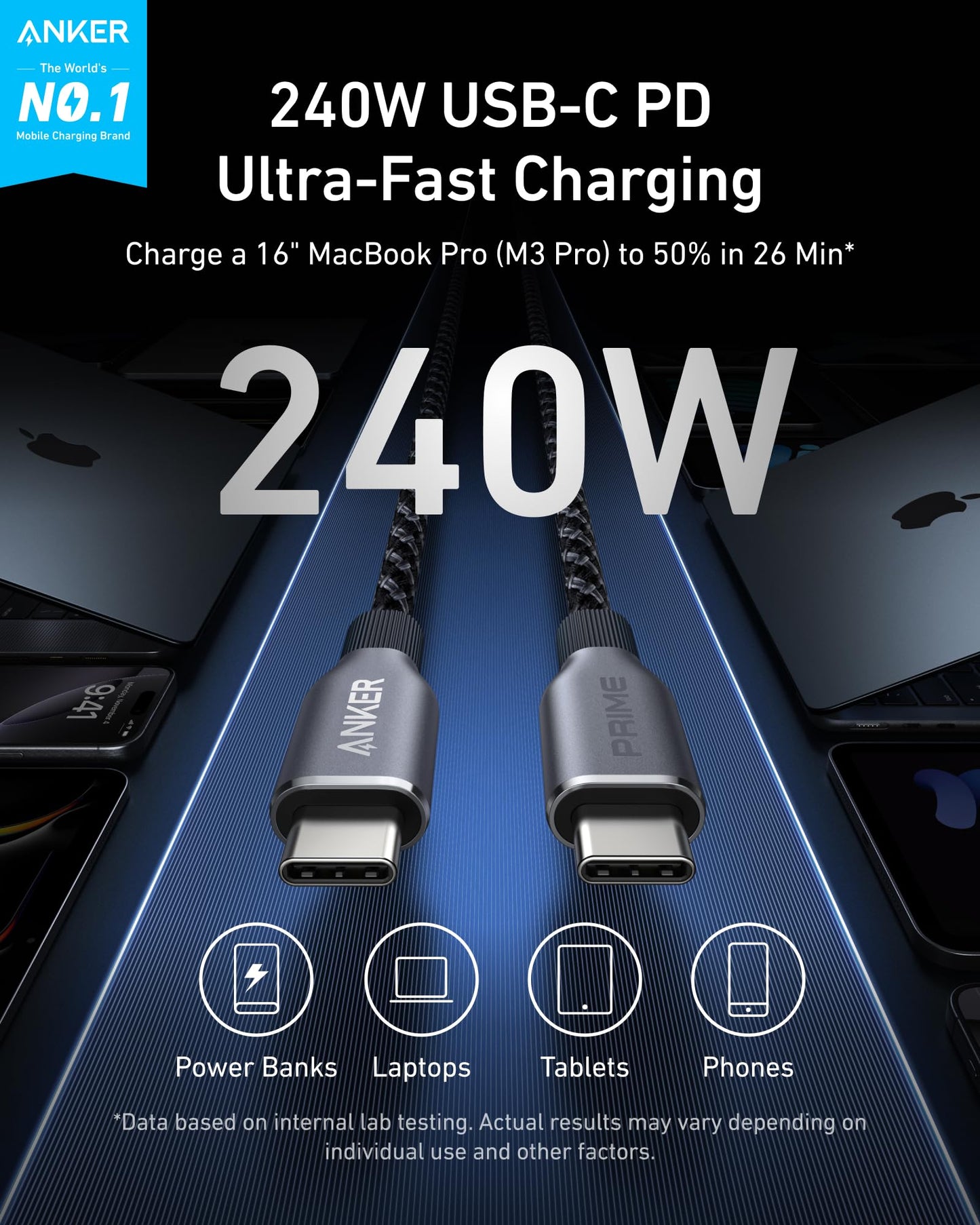 Anker Prime USB C to USB C Cable, 240W Fast Charging Cord, Upcycled-Braided Nylon with 100-Year Bend Durability for iPhone 17 Series, MacBook, Galaxy