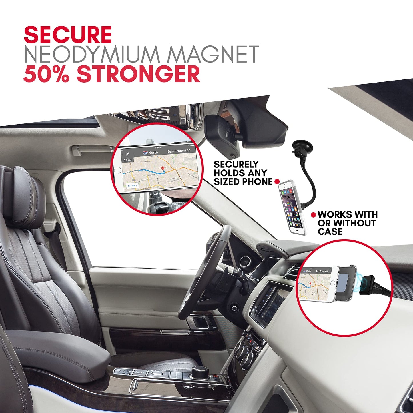 Macally Windshield Phone Mount for Car Magnetic - Suction Cup Window Mount Phone Holder with 8" Long Gooseneck Arm & Super Strong Magnet Mount