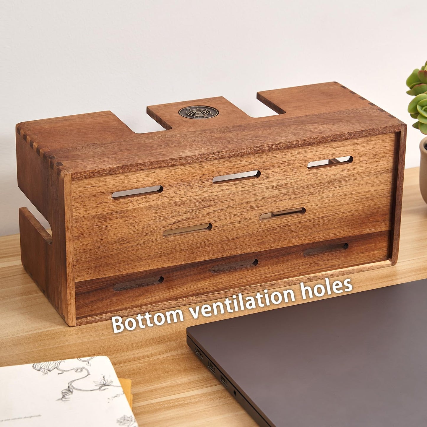 TREELF Acacia Wood Cable Management Box - Wooden Cord Hider & Organizer for Desk & Floor, Power Strip & TV Wire Concealer, Under Desk Storage for