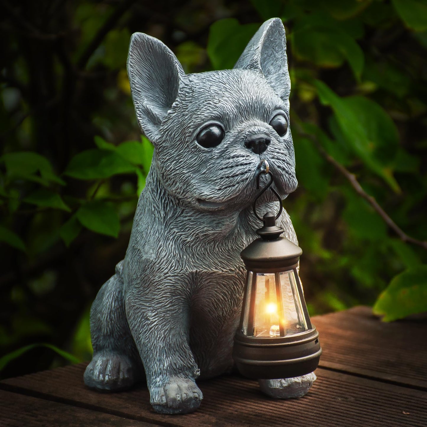 Qwifyu Solar Dog Outdoor Garden Statue with LED Light, Cute Bulldog Lawn Ornament for Patio Yard Balcony, Unique Housewarming Birthday Gift for Dog