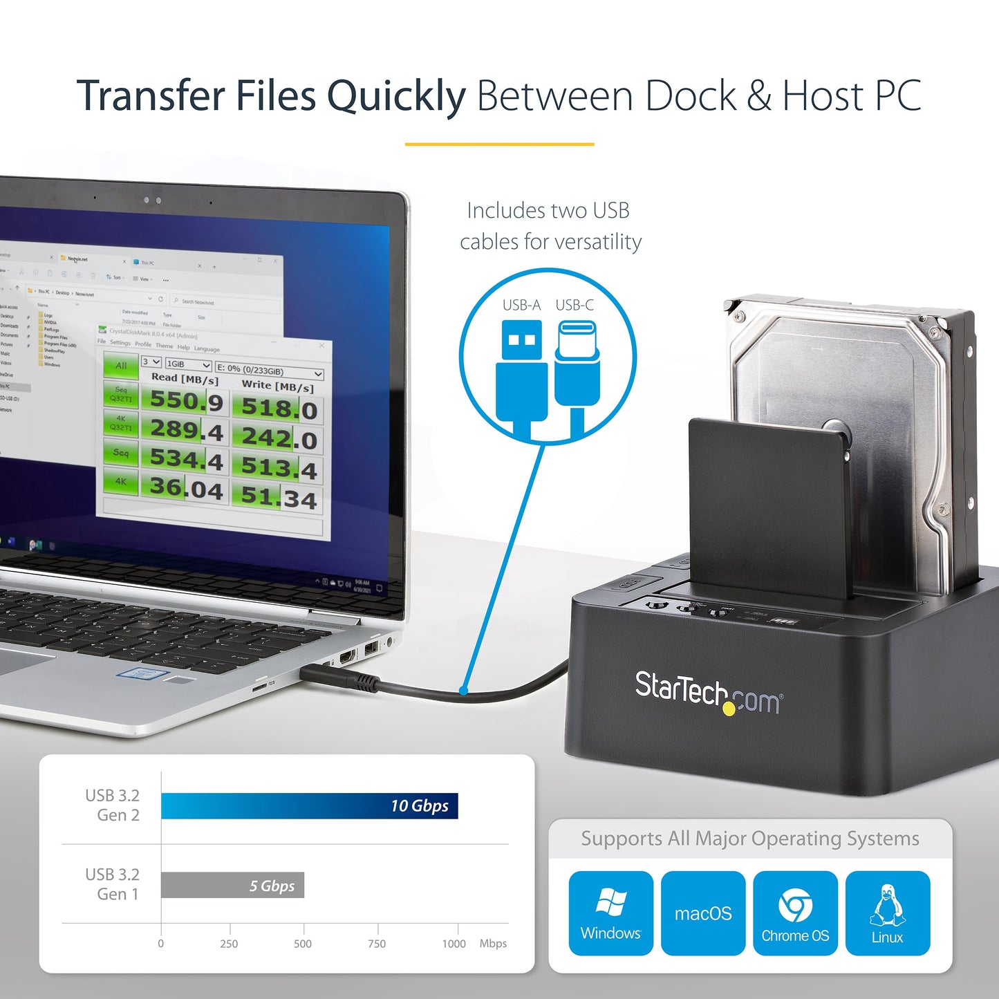 StarTech.com Standalone Hard Drive Duplicator, External Dual Bay HDD/SSD Cloner/Copier, USB to SATA III Docking Station