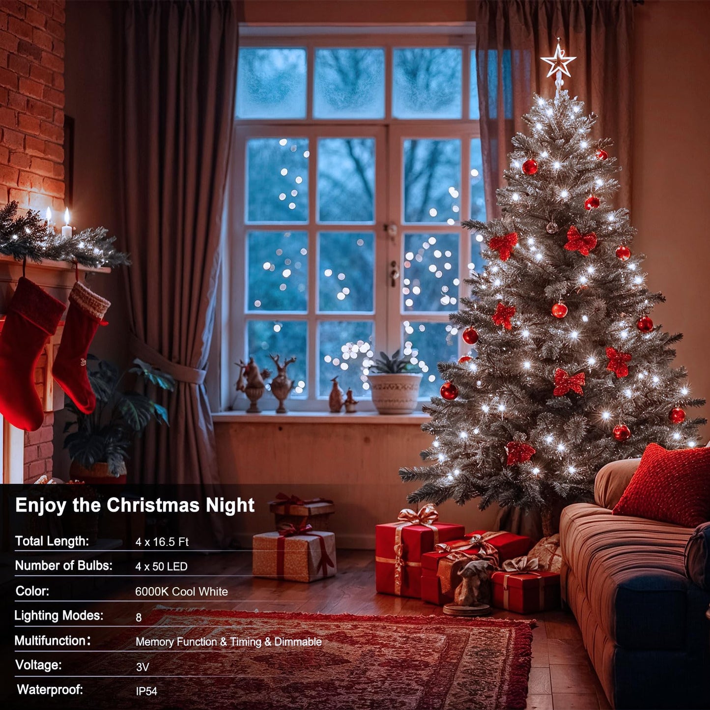 ZAIYW 4 Pack String Lights Battery Operated, Total 66Ft 200 LED Christmas Lights with Remote Timer 8 Modes Fairy String Lights Dark Green Wire