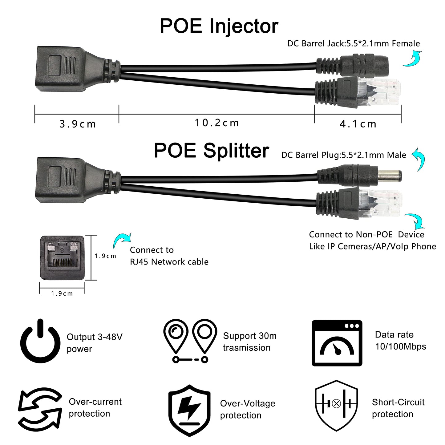 Passive POE Adapter Cable,2Pair POE Injector and POE Splitter Kit with 5.5x2.1mm DC Connector for WLAN, Routers, Switches,Internet Telephony,IP