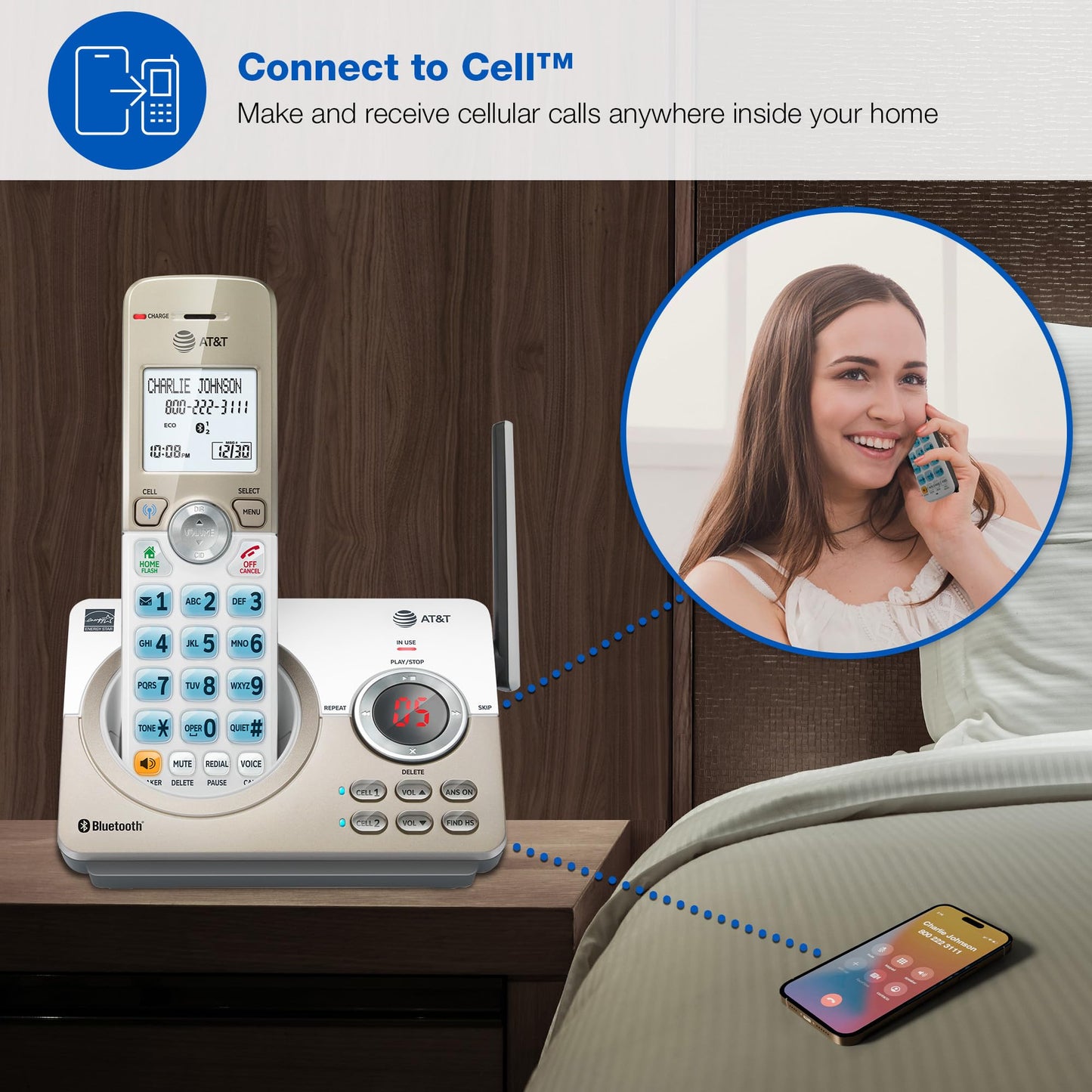 AT&T 4-Handset DECT 6.0 Expandable Cordless Home Phone with Large Display, Big Buttons, Answering Machine, Smart Call Blocker, Bluetooth Connect