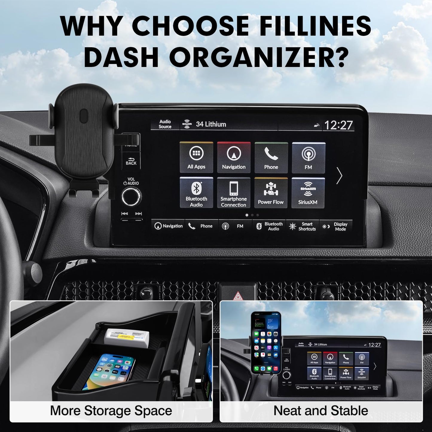 FIILINES Dashboard Center Console Organizer & Phone Holder for Honda CRV 2023-2026, Dash Organizer with 360 Degree Rotation Phone Mount CRV