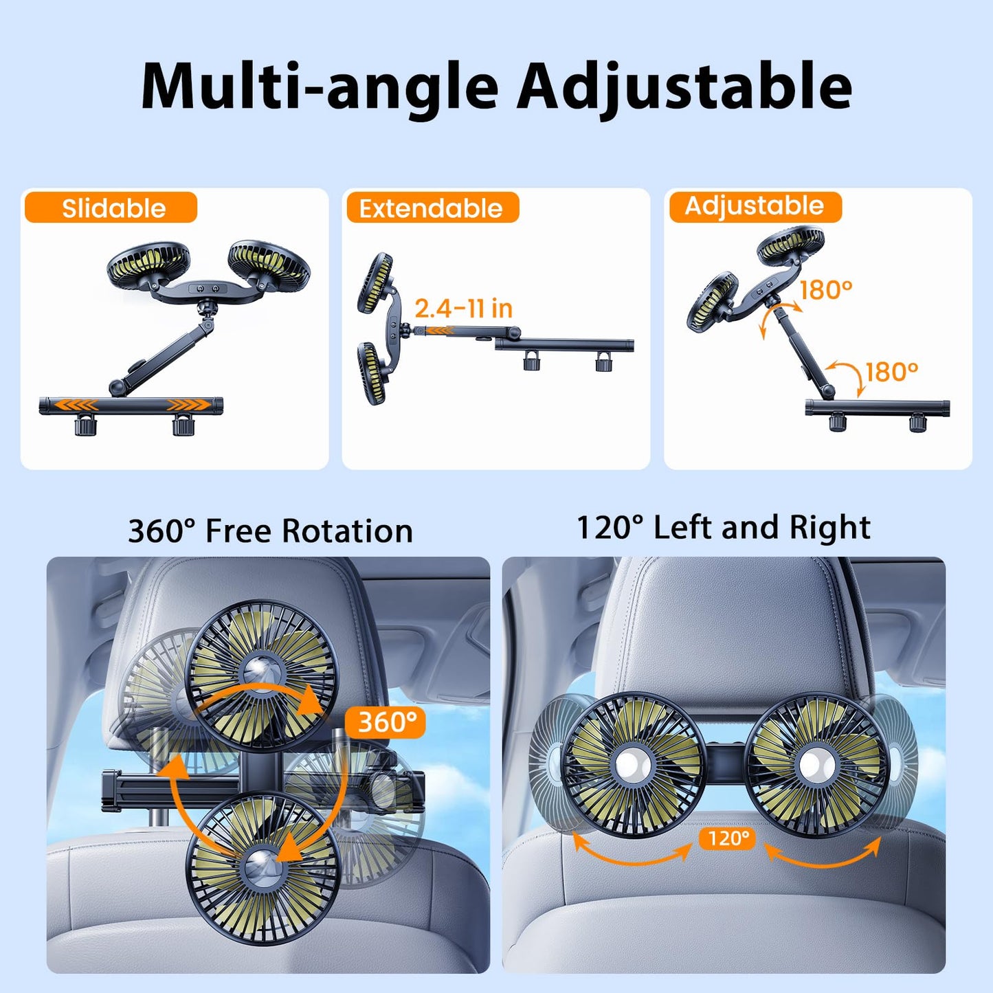 xuenair Rechargeable Car Fan for Backseat Kids Baby Rear Facing - Long Arm