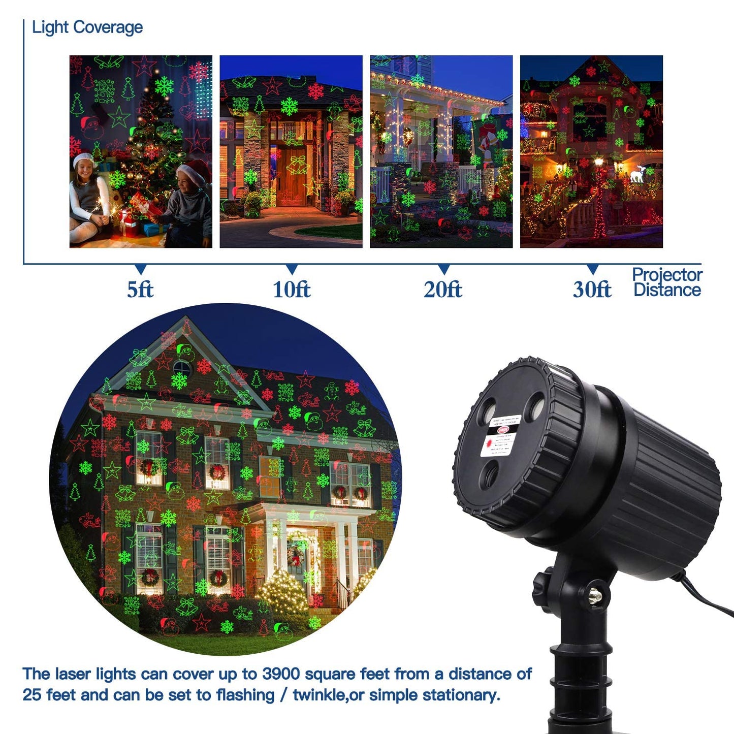 Christmas Laser Projector Lights, 8 Patterns LED Projection Lights with Remote, Landscape Projector Spotlights, Red and Green Star Show, Decoration