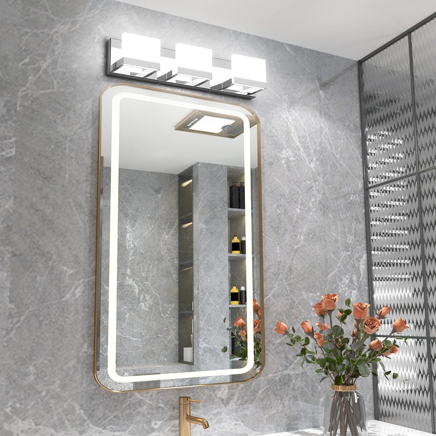 Tipace 3 Lights Dimmable LED Modern Vanity Lights for Bathroom, Chrome Bathroom Wall Light Fixtures Over Mirror (White Light 6000K)