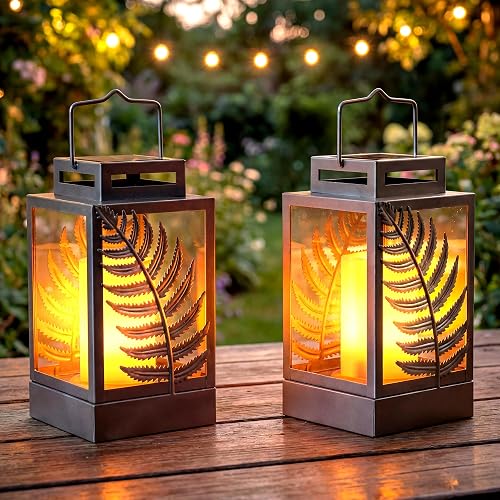 Walensee Solar Lights Outdoor with Flickering Flame (2Pack Grey) Upgrade Metal Solar Powered Lantern Landscape Leaf Decorative Hanging Lighting