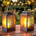 Walensee Solar Lights Outdoor with Flickering Flame (2Pack Grey) Upgrade Metal Solar Powered Lantern Landscape Leaf Decorative Hanging Lighting