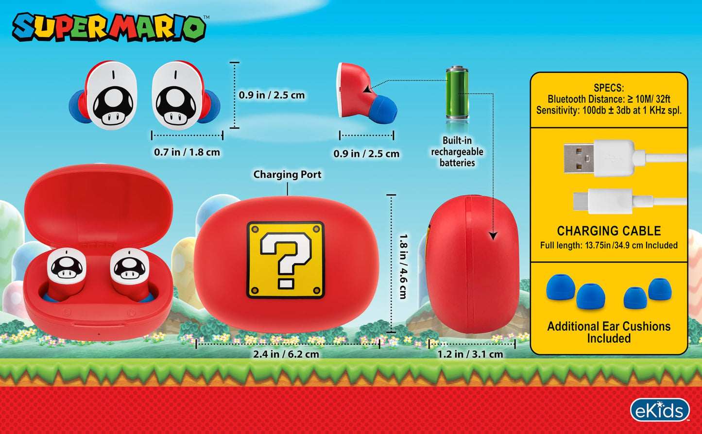 Super Mario Wireless Earbuds for Kids, Bluetooth Earbuds with Charging Case