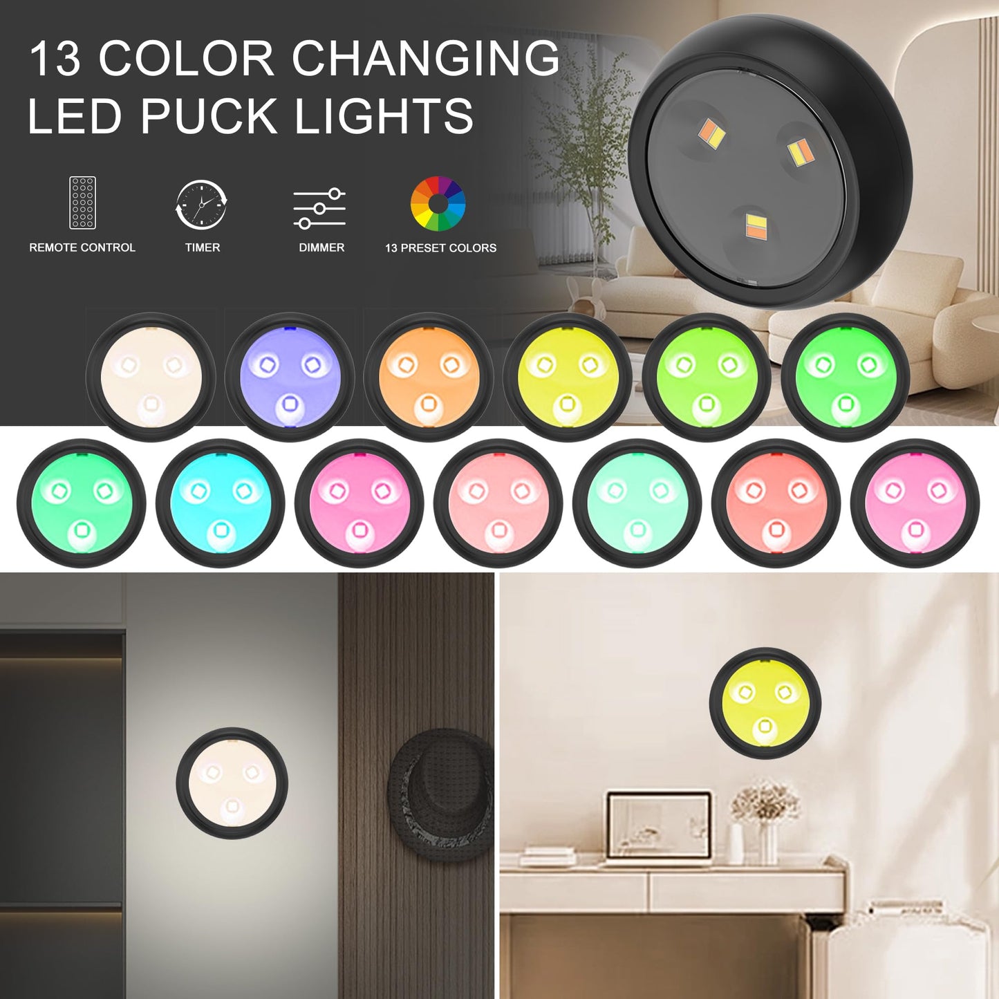 Puck Lights, 13 Colors Changeable LED Puck lightings Battery Powered Dimmable Under Cabinet Lights, Battery Powered Under Counter Lights with Wireless