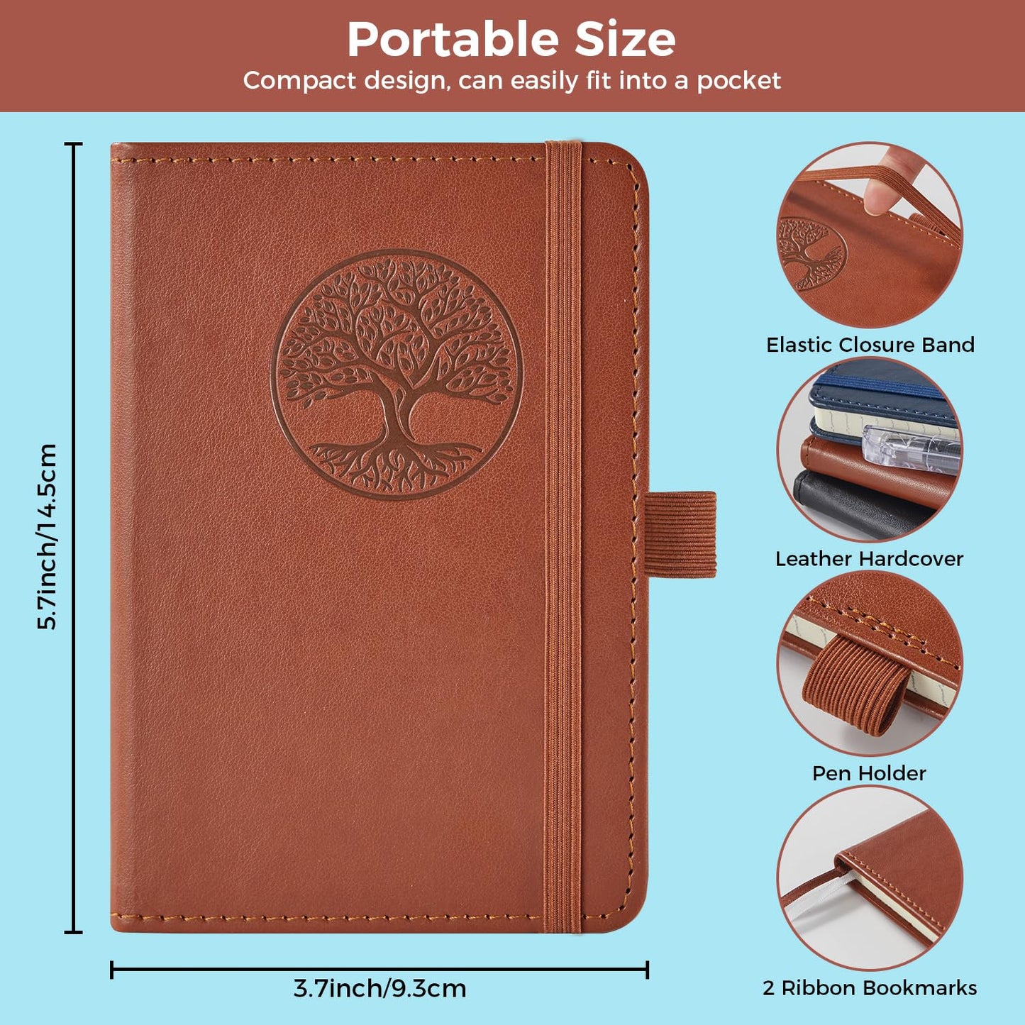 3 Pack Pocket Journal Notebooks, A6 Small Mini Notepad with Pens, 3.7" x 5.7" Leather Hardcover Note Book for Women/Men Work, 400 Pages 100GSM Lined