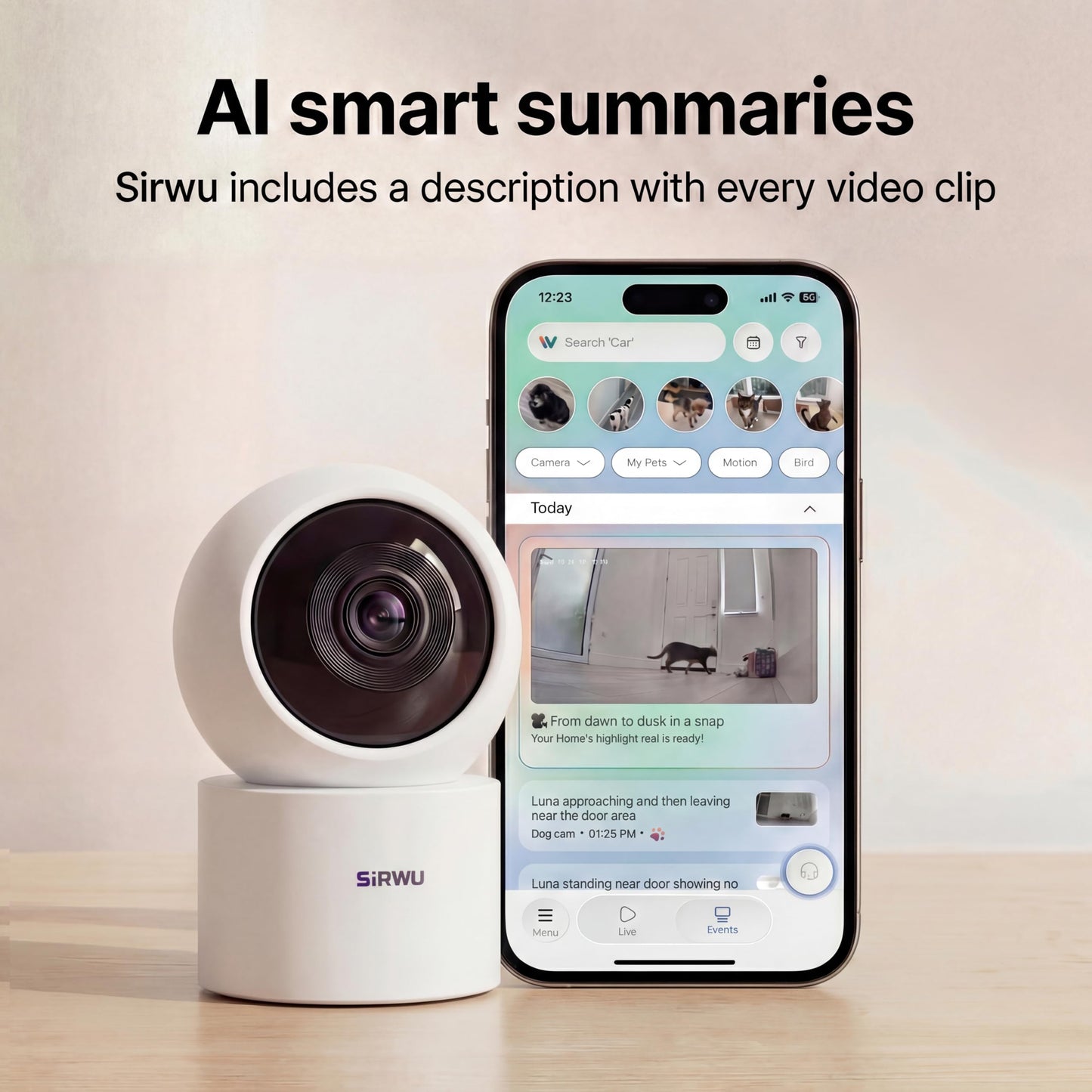 Sirwu AI Pet Camera Indoor with Phone App, Dog Camera with Speaker, Multi-Pet Recognition & AI Day Summary, 2K 3MP Cat Camera for Indoor, 360° Auto