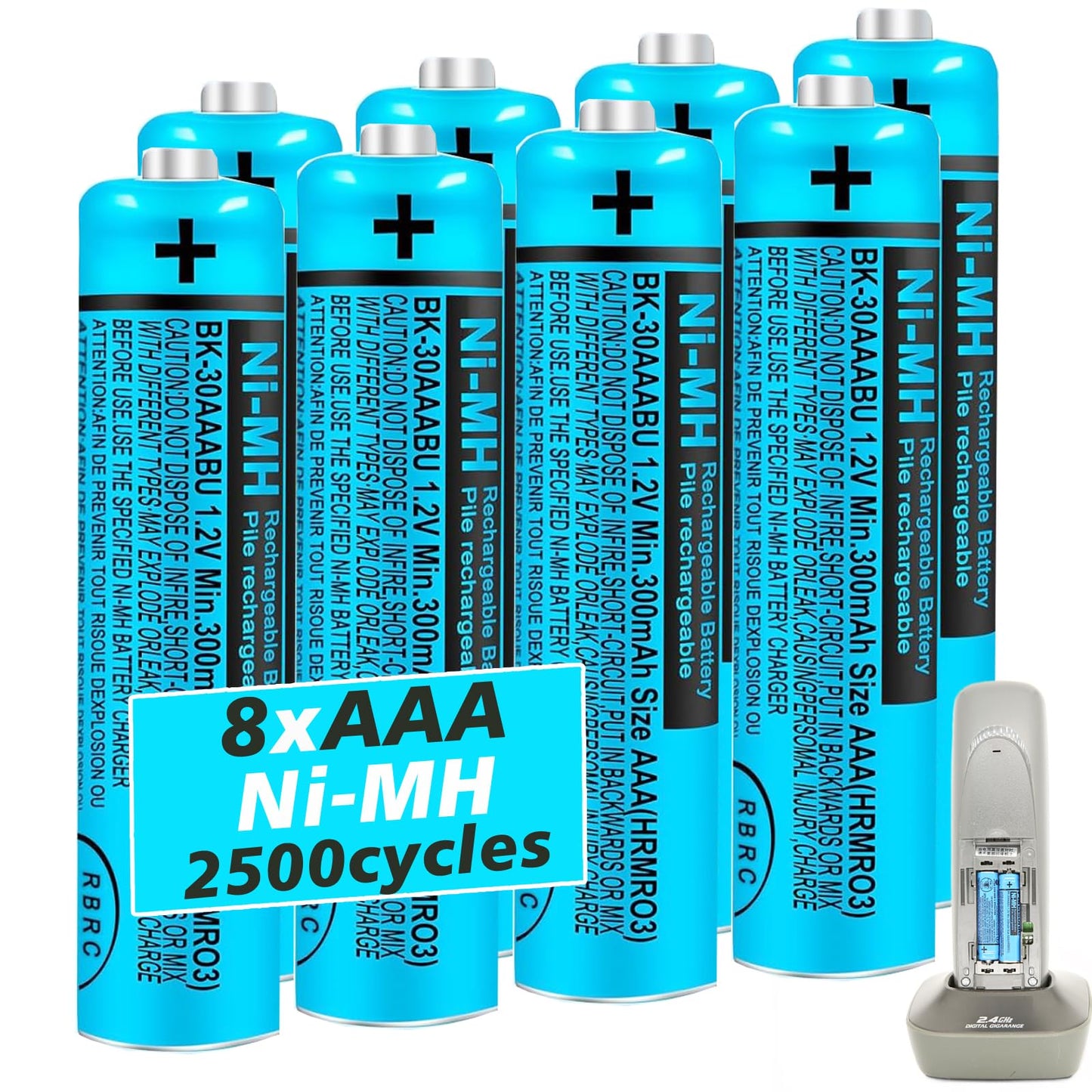 HIECTPRO BK-30AAABU NI-MH AAA Rechargeable Battery 1.2V 300mah 8Pack AAA NiMH Batteries for Panasonic Cordless Phones, Remote Controls, Electronics