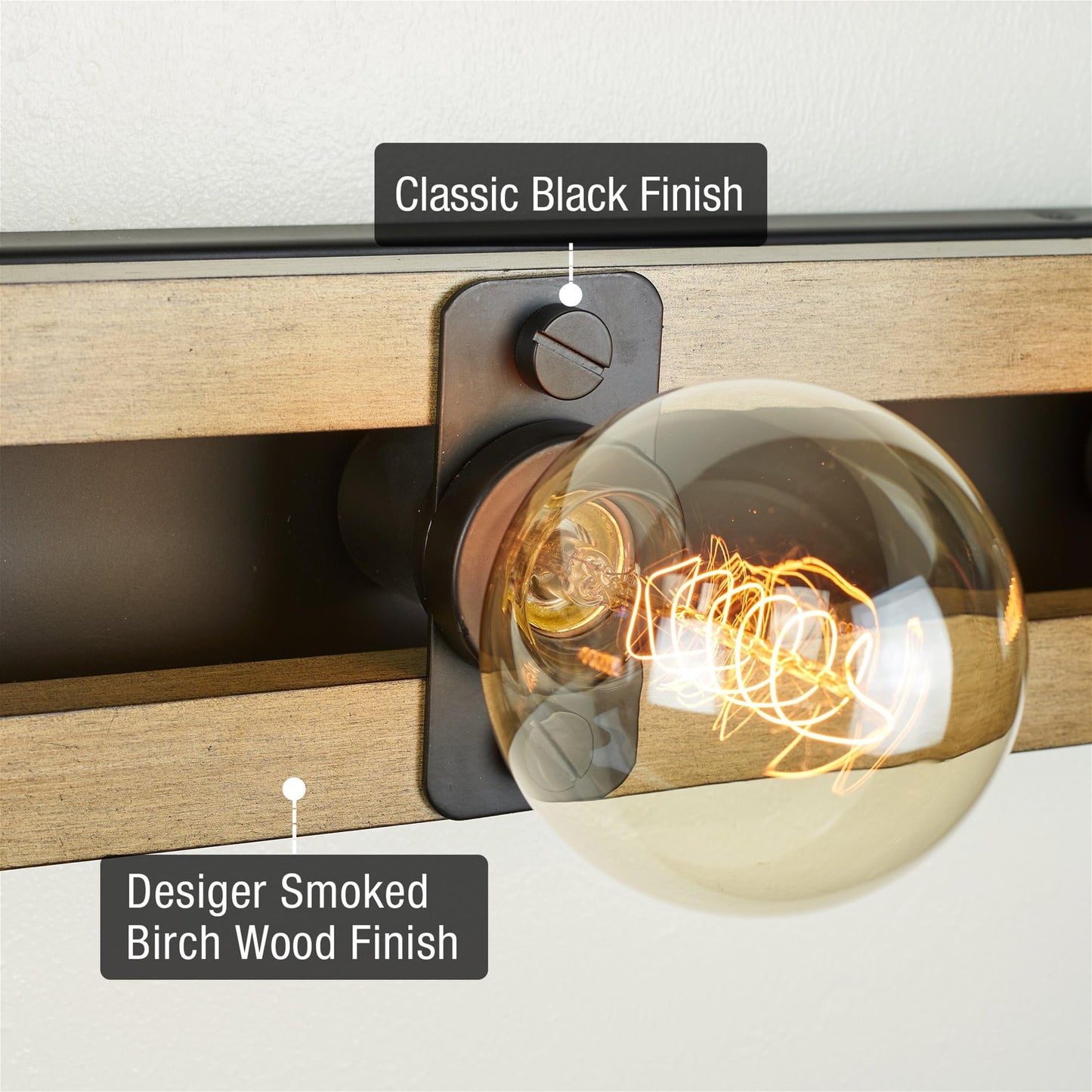 Kira Home Hogan 36" 5-Light Modern Farmhouse Vanity Light with Hand-Painted Wood Grain Metal, Rustic Wood Look Racktrack Bathroom Bar, Smoked Birch