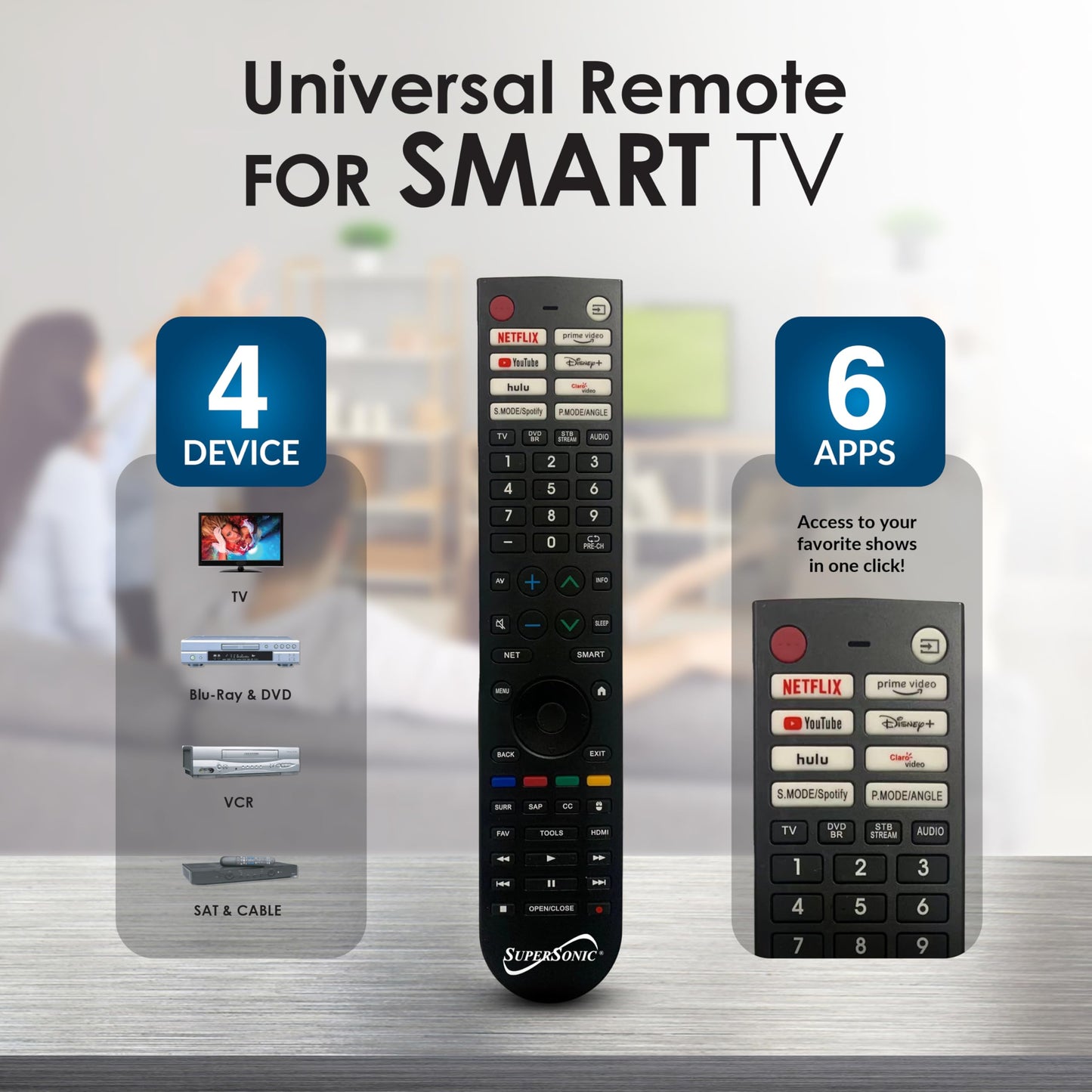 Supersonic SC-326 Universal Remote Control for Smart TV with HotKeys for Streaming, Controls 4 Devices, 10 Programmable Favorite Channels, DVD Player