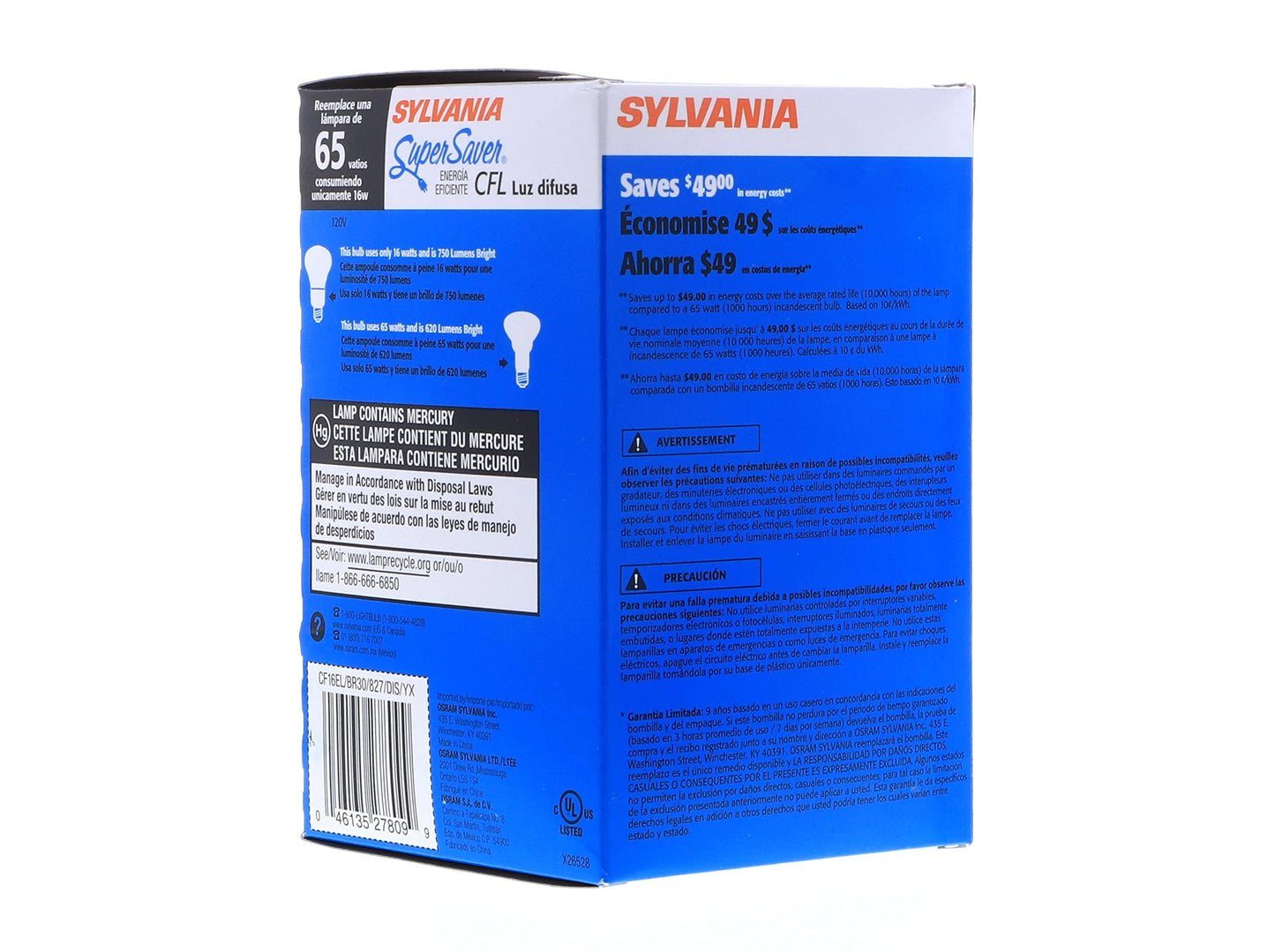 Sylvania 29773, CF16EL/BR30/2700K, 16 Watt, 120 Volt, 2700K Color Temperature, BR30 Compact Fluorescent Light Bulb (12 Pack)