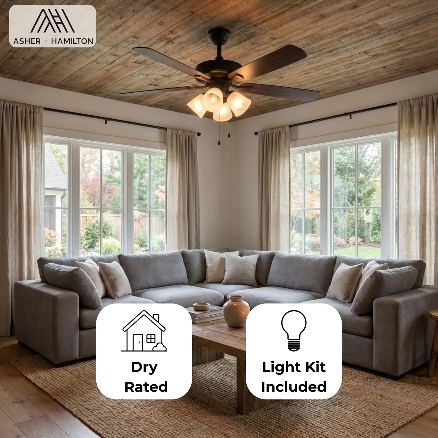 Asher Hamilton AHF-214BKFR Brookhaven 52 Inch Ceiling Fan | 5 Reversible Black/Walnut Blades | 4 Light Frosted Glass Shades E26 Medium Base |