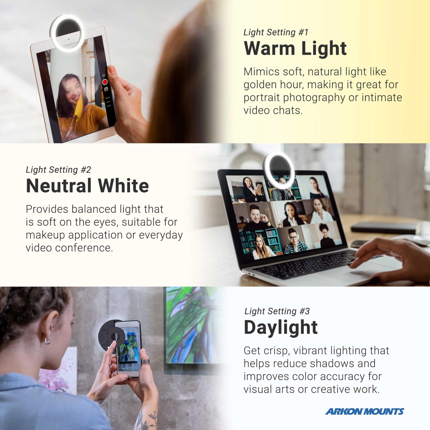ARKON Mounts Rechargeable Phone Selfie Light | 40 High Power LEDs | Color Accurate | 3 Light Modes | Ring Light for Phone, Laptop, iPhone, IPad, Video