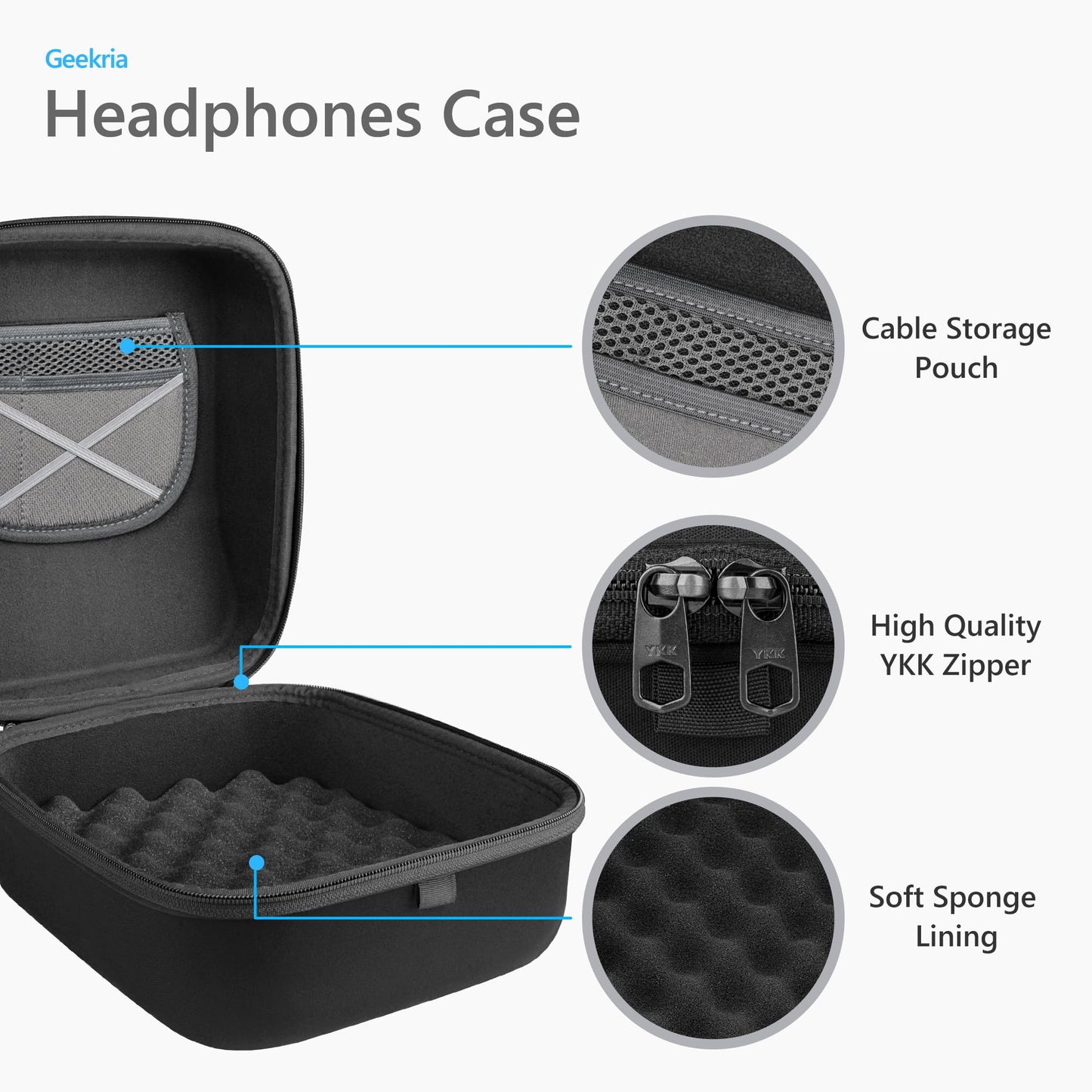 Geekria Shield Case for Large-Sized Over-Ear Headphones, Replacement Protective Hard Shell Travel Carrying Bag with Cable Storage, Compatible