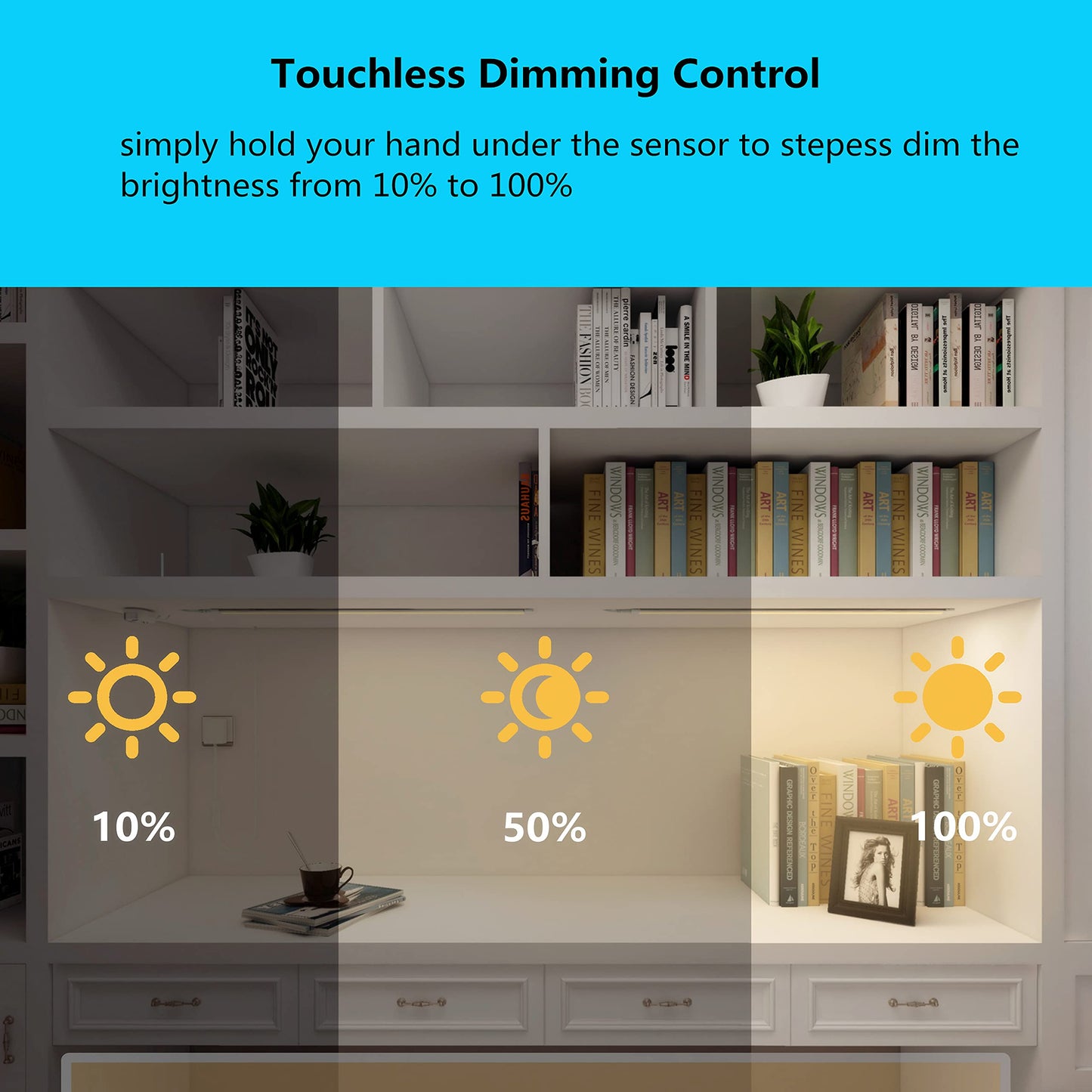 Under Cabinet Lighting LED 20In Kitchen Under Counter Light Fixtures Dimmable with Manual Sensor Control,Desk,Over Sink,Tool Box Hutch Light Bar Plug