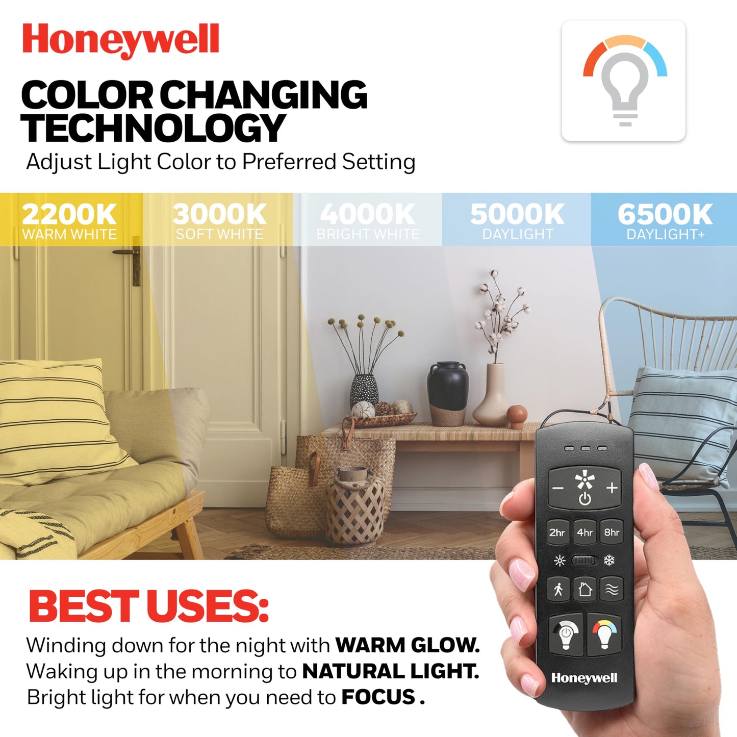 Honeywell Graceshire 52 Inch Ceiling Fan with Color Changing LED Light and Remote Control, 5 Blades, Reversible Airflow, Brushed Nickel