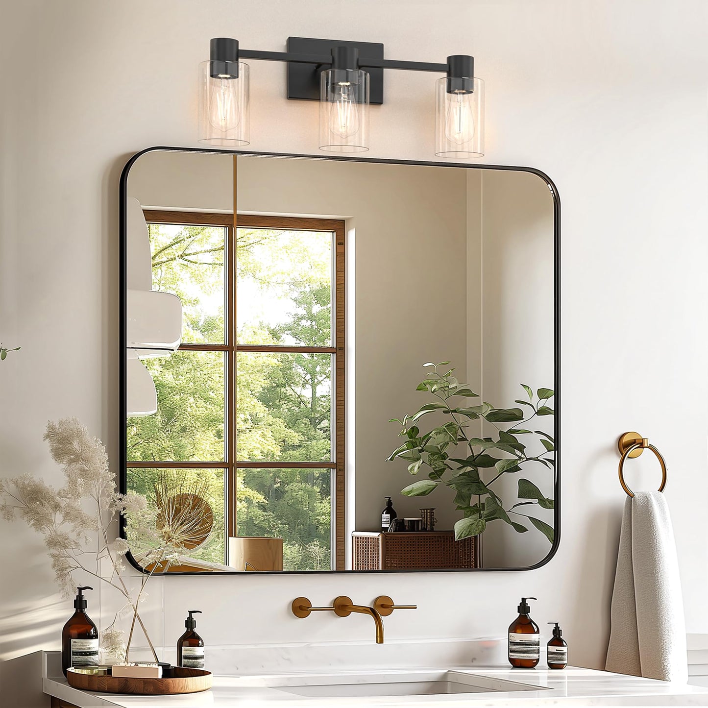 Esfos 3-Light Matte Black Wall Sconces for Bathroom, Modern Vanity Light Fixtures Over Mirror, Bathroom Light Fixtures with Clear Glass Shade, E26