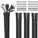 Gobelieve 4-Pack Cable Management Sleeve with 10 Cable Clips for Wires, Nylon Zipper Tie for Desk Wire Organization, Adjustable Computer Cord Cover