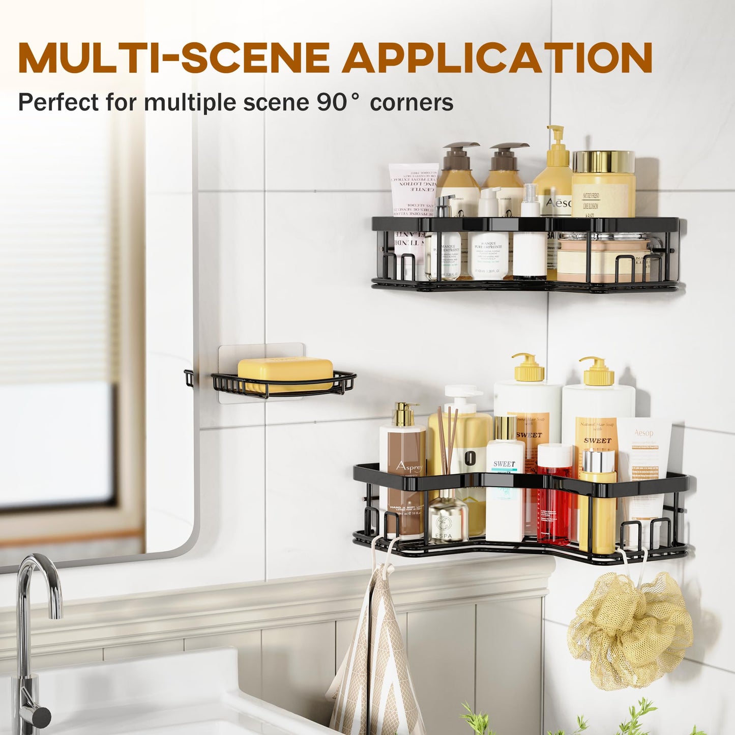 MAXIFFE 3-Pack Corner Shower Caddy with Soap Holder, Large Capacity No-Drill Stainless Steel Organizer, Holds 40 lbs, Bathroom Storage, Black