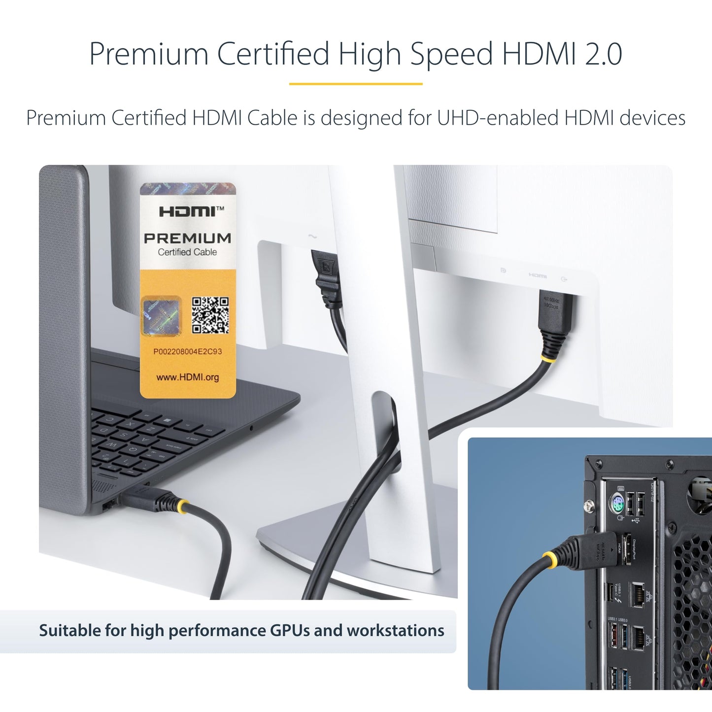 StarTech.com 2m (6.6ft) Premium Certified High Speed HDMI Cable, 4K 60Hz/1440p 144Hz, 18Gbps, UHD HDMI 2.0 Cord, TPE Jacket